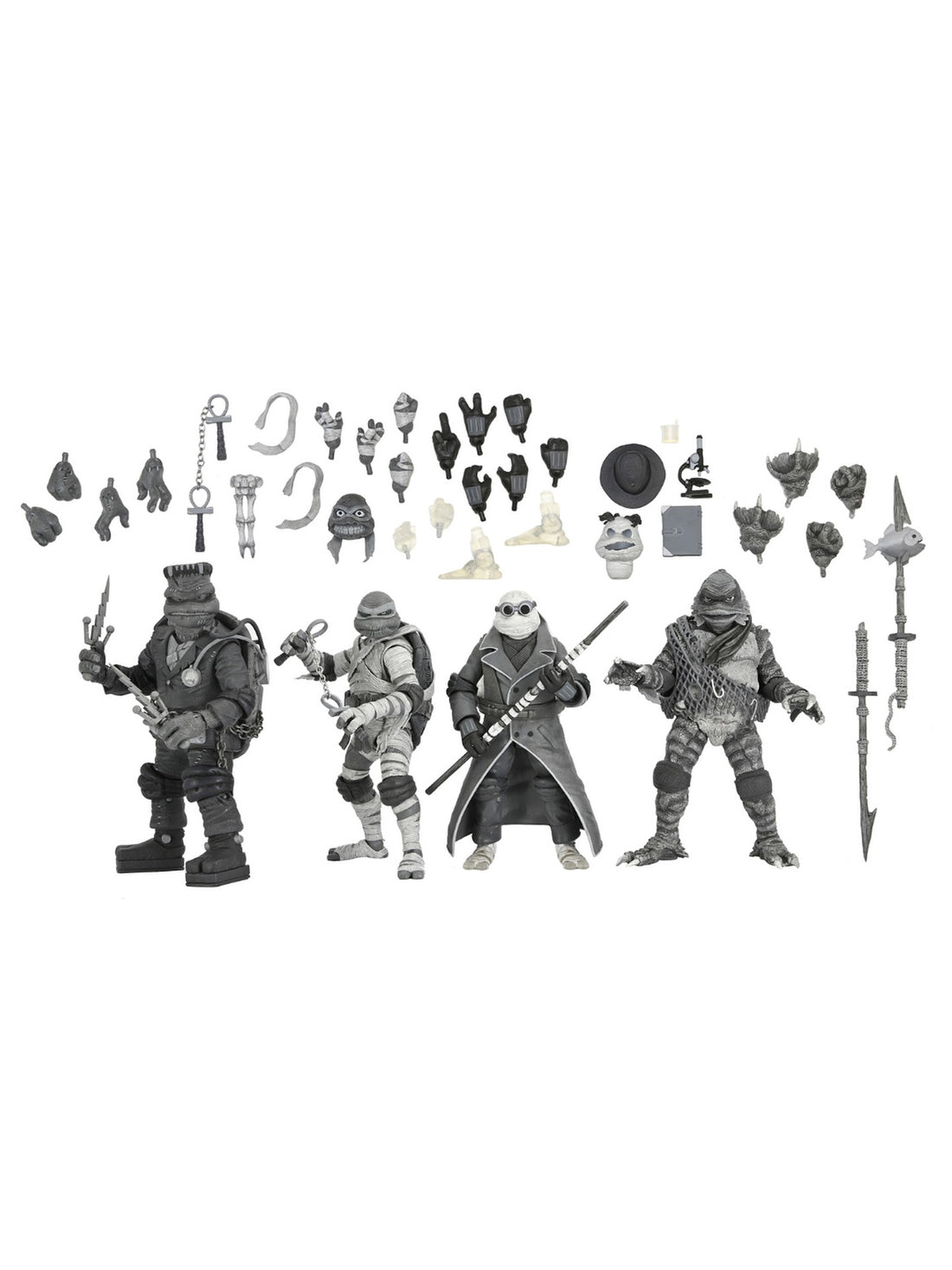 UNIVERSAL MONSTERS X TMNT 4 PACK TURTLES BLACK &amp; WHITE - 7&quot; SCALE ACTION FIGURES